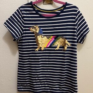 Mini Boden Navy Striped Tee with Sequin Dog